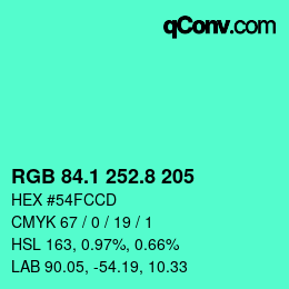 カラーコード: RGB 84.1 252.8 205 | qconv.com