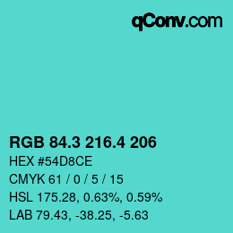 カラーコード: RGB 84.3 216.4 206 | qconv.com