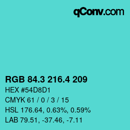 カラーコード: RGB 84.3 216.4 209 | qconv.com