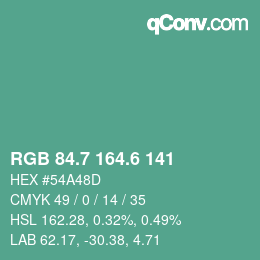 カラーコード: RGB 84.7 164.6 141 | qconv.com