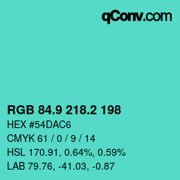 カラーコード: RGB 84.9 218.2 198 | qconv.com
