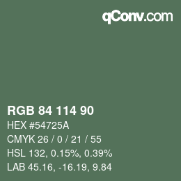 カラーコード: RGB 84 114 90 | qconv.com