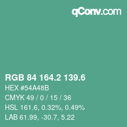 カラーコード: RGB 84 164.2 139.6 | qconv.com