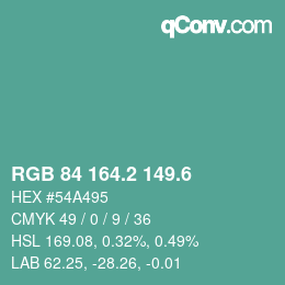 カラーコード: RGB 84 164.2 149.6 | qconv.com