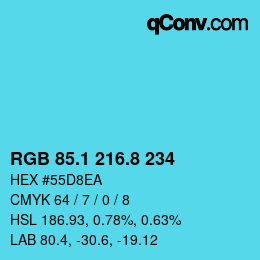 カラーコード: RGB 85.1 216.8 234 | qconv.com