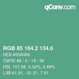 カラーコード: RGB 85 164.2 134.6 | qconv.com
