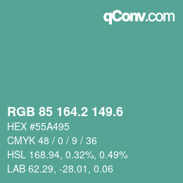 カラーコード: RGB 85 164.2 149.6 | qconv.com