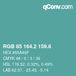 カラーコード: RGB 85 164.2 159.6 | qconv.com