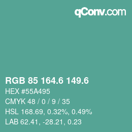カラーコード: RGB 85 164.6 149.6 | qconv.com