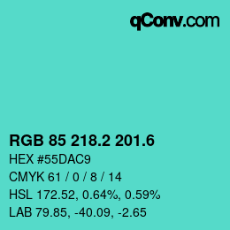 カラーコード: RGB 85 218.2 201.6 | qconv.com