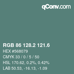カラーコード: RGB 86 128.2 121.6 | qconv.com