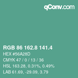 カラーコード: RGB 86 162.8 141.4 | qconv.com