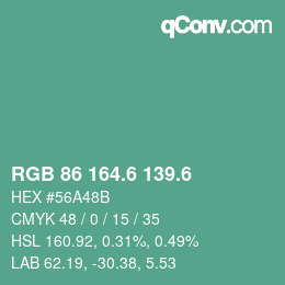 カラーコード: RGB 86 164.6 139.6 | qconv.com