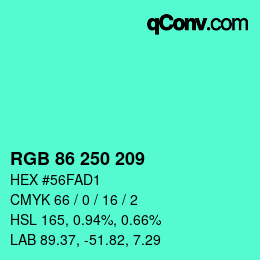 カラーコード: RGB 86 250 209 | qconv.com