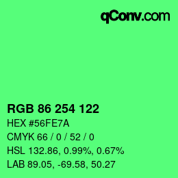 カラーコード: RGB 86 254 122 | qconv.com