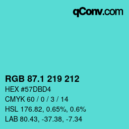 カラーコード: RGB 87.1 219 212 | qconv.com