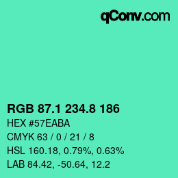 カラーコード: RGB 87.1 234.8 186 | qconv.com