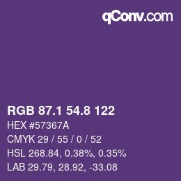 カラーコード: RGB 87.1 54.8 122 | qconv.com