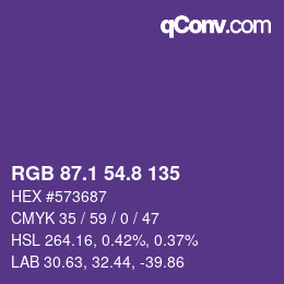 カラーコード: RGB 87.1 54.8 135 | qconv.com