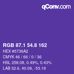 カラーコード: RGB 87.1 54.8 162 | qconv.com