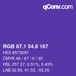 カラーコード: RGB 87.1 54.8 167 | qconv.com
