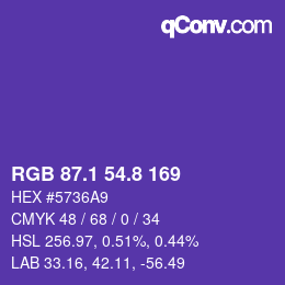 カラーコード: RGB 87.1 54.8 169 | qconv.com