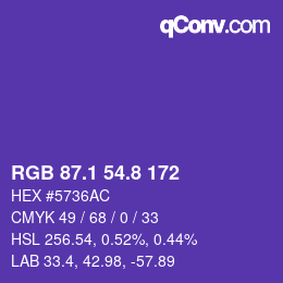 カラーコード: RGB 87.1 54.8 172 | qconv.com