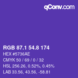 カラーコード: RGB 87.1 54.8 174 | qconv.com