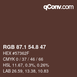 Color code: RGB 87.1 54.8 47 | qconv.com