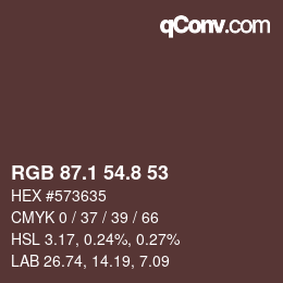 Color code: RGB 87.1 54.8 53 | qconv.com