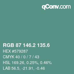 カラーコード: RGB 87 146.2 135.6 | qconv.com