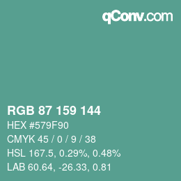 カラーコード: RGB 87 159 144 | qconv.com