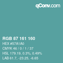 Color code: RGB 87 161 160 | qconv.com