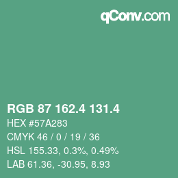 カラーコード: RGB 87 162.4 131.4 | qconv.com