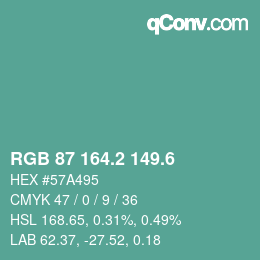 カラーコード: RGB 87 164.2 149.6 | qconv.com