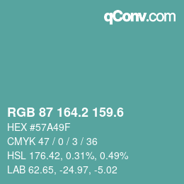 カラーコード: RGB 87 164.2 159.6 | qconv.com
