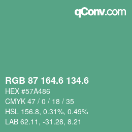 カラーコード: RGB 87 164.6 134.6 | qconv.com