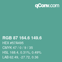 カラーコード: RGB 87 164.6 149.6 | qconv.com