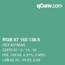 カラーコード: RGB 87 165 138.6 | qconv.com
