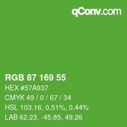 Color code: RGB 87 169 55 | qconv.com