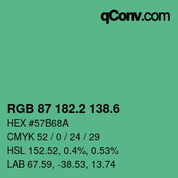 カラーコード: RGB 87 182.2 138.6 | qconv.com
