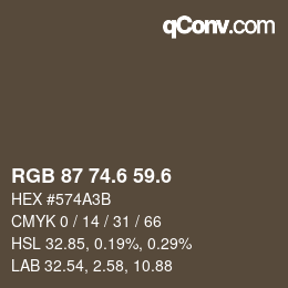 カラーコード: RGB 87 74.6 59.6 | qconv.com