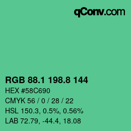 カラーコード: RGB 88.1 198.8 144 | qconv.com