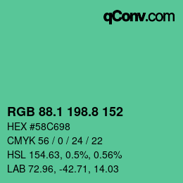 カラーコード: RGB 88.1 198.8 152 | qconv.com