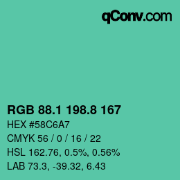 カラーコード: RGB 88.1 198.8 167 | qconv.com