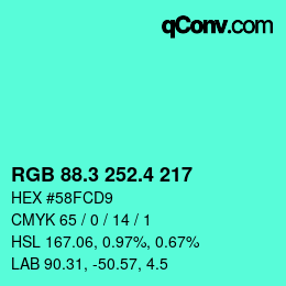 カラーコード: RGB 88.3 252.4 217 | qconv.com