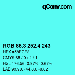 カラーコード: RGB 88.3 252.4 243 | qconv.com