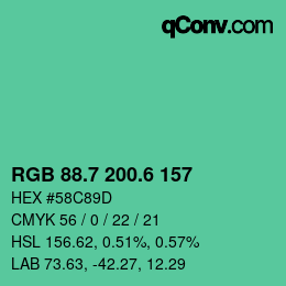 カラーコード: RGB 88.7 200.6 157 | qconv.com
