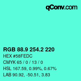カラーコード: RGB 88.9 254.2 220 | qconv.com