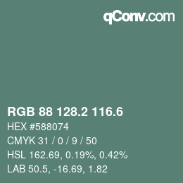 カラーコード: RGB 88 128.2 116.6 | qconv.com
